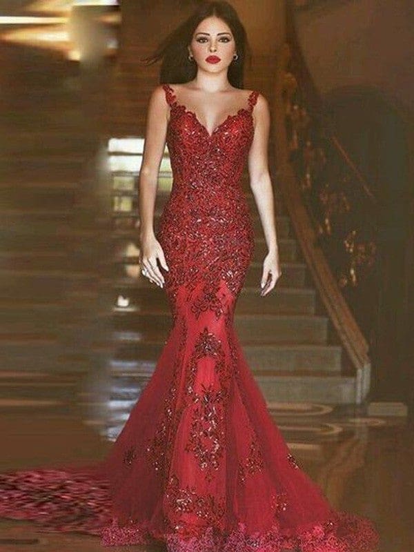 Trumpet/Mermaid V-neck Sleeveless Sweep/Brush Train Applique Tulle Dresses - Prom Dresses