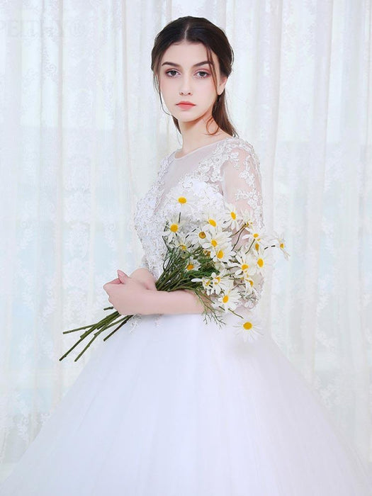 V-Neck 3/4 Sleeves Lace Ball Gown Wedding Dresses - wedding dresses