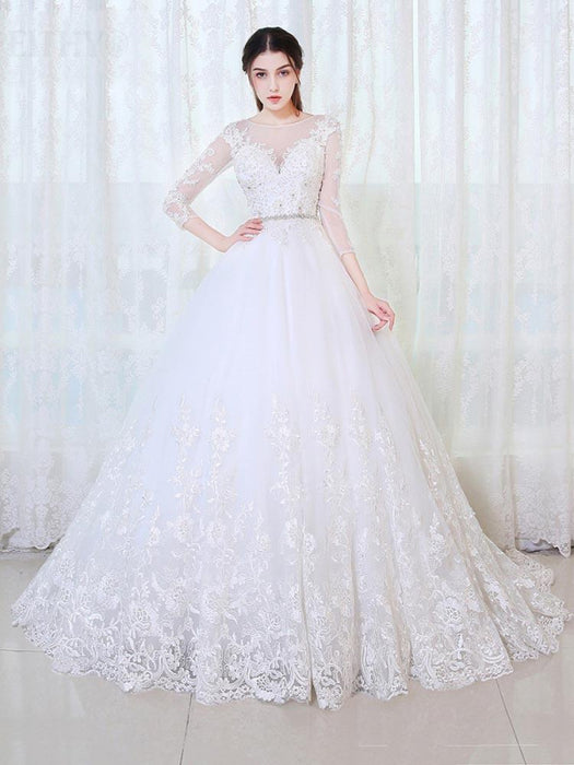 V-Neck 3/4 Sleeves Lace Ball Gown Wedding Dresses - wedding dresses