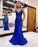 V Neck Backless Royal Blue Sequin Prom Dress