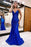 V Neck Backless Royal Blue Sequin Prom Dress