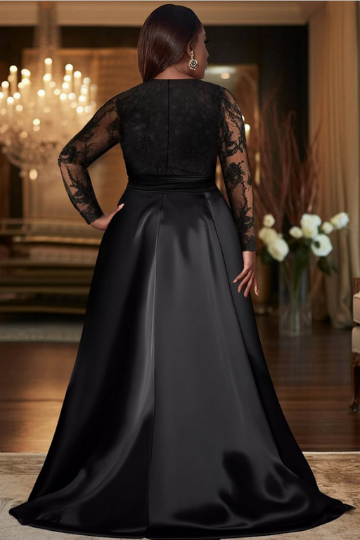V-Neck Black Mother of the Bride Dress Long Sleeves lace Front Slit Wedding Guest Dress - Prom Dresses