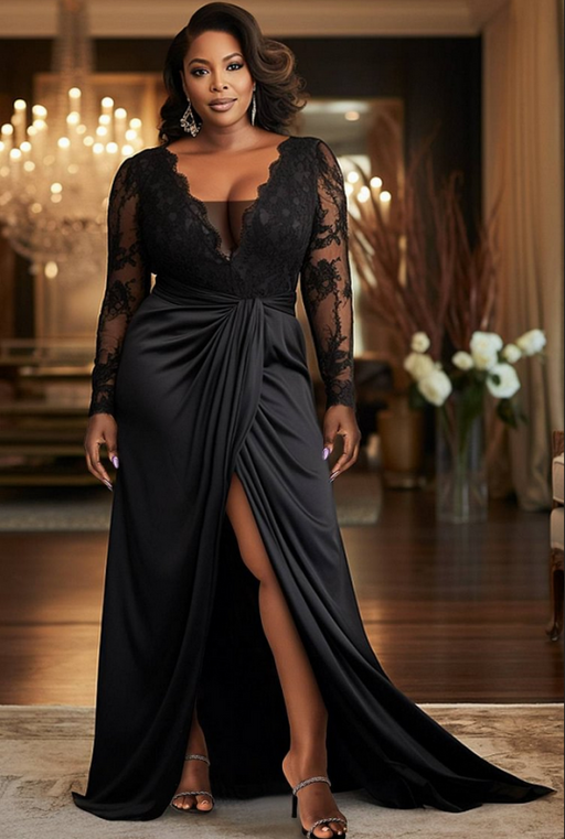 V-Neck Black Mother of the Bride Dress Long Sleeves lace Front Slit Wedding Guest Dress - Prom Dresses