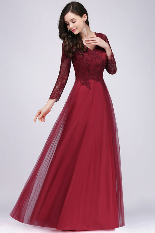 Bridelily Affordable Long Sleeves V-Neck Lace Burgundy Bridesmaid Dresses with Appliques