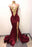 V-Neck Mermaid Prom Dress in Burgundy With Split and Lace Appliques