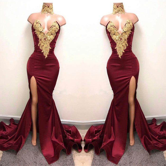 V-Neck Mermaid Prom Dress in Burgundy With Split and Lace Appliques