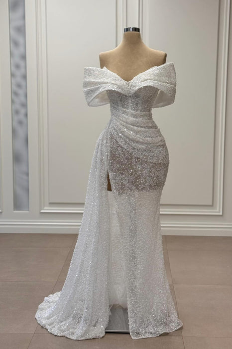 V-Neck Off-the-Shoulder Beaded Lace Side Split Wedding Dress