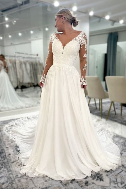 V-neck Open Back Appliques Lace A-Line Wedding Dresses Long Sleeve