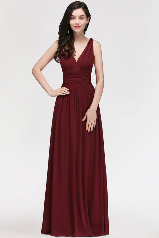 Bridelily Burgundy Long V-Neck Sleeveless Chiffon Bridesmaid Dress Online