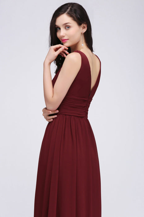 Bridelily Burgundy Long V-Neck Sleeveless Chiffon Bridesmaid Dress Online