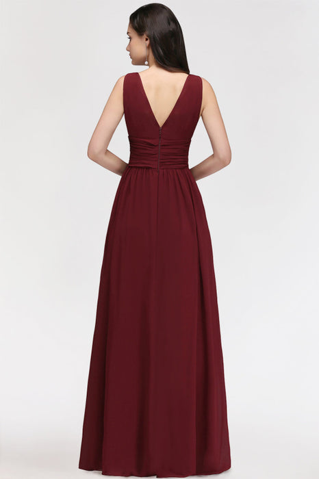 Bridelily Burgundy Long V-Neck Sleeveless Chiffon Bridesmaid Dress Online