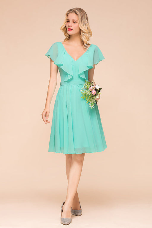 Bridelily Chic V-Neck Ruffle Chiffon Short Affordable Bridesmaid Dresses Online