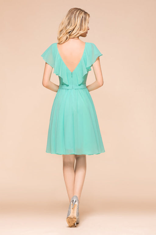 Bridelily Chic V-Neck Ruffle Chiffon Short Affordable Bridesmaid Dresses Online