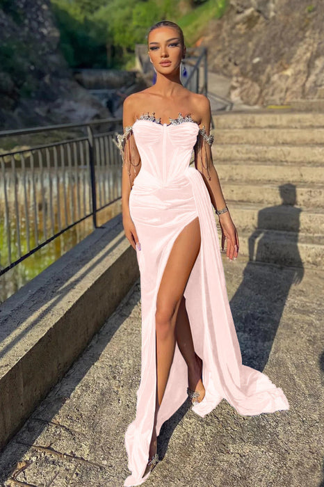 Velvet Off-the-Shoulder Beads Split Mermaid Prom Dress with Ruffles