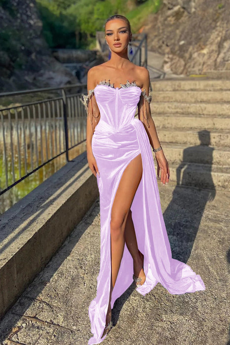 Velvet Off-the-Shoulder Beads Split Mermaid Prom Dress with Ruffles