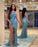 Vintage Blue Beadings Strapless Mermaid Prom Dress with Split