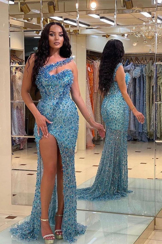 Vintage Blue Beadings Strapless Mermaid Prom Dress With Split