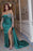 Vintage Emerald Long Sleeve Off-the-Shoulder Beaded Mermaid Prom Dress with Split