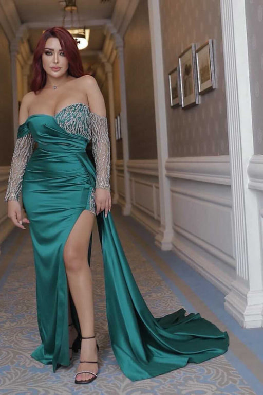 Vintage Emerald Long Sleeve Off-the-Shoulder Beaded Mermaid Prom Dress with Split