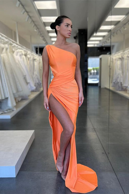 Vintage Orange One Shoulder Sleeveless Mermaid Prom Dress with Slit and Pleats