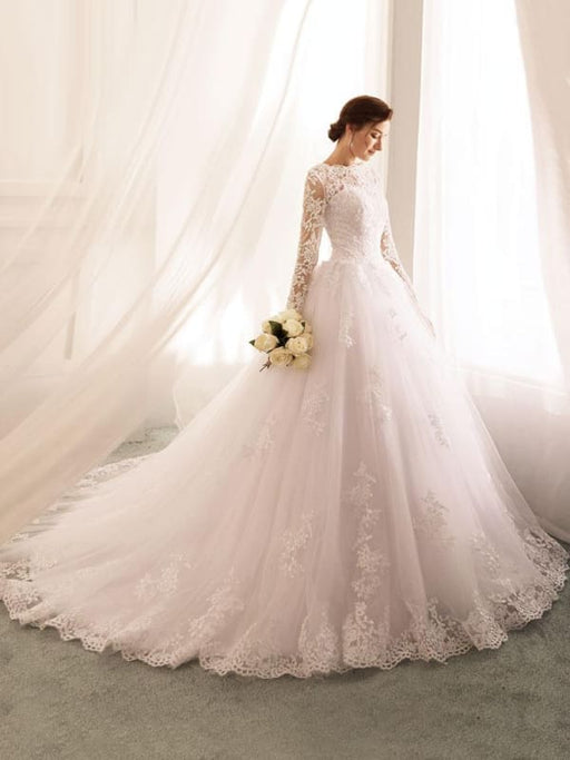 wedding dresses 2021 princess silhouette bateau neck long sleeve natural waist lace tulle bridal gowns