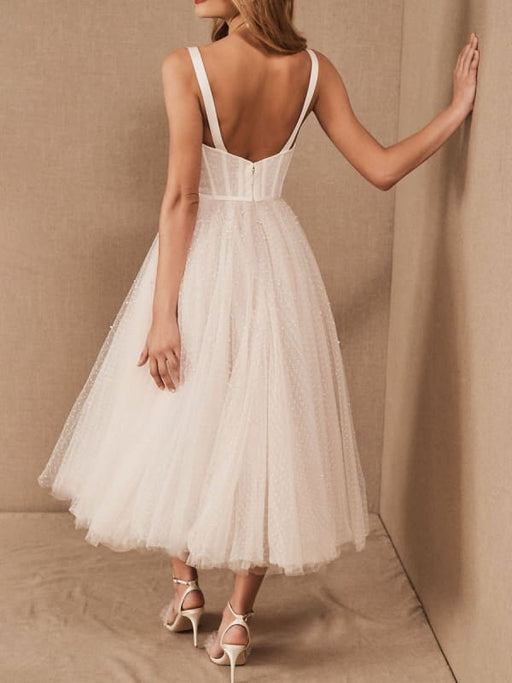 White Bridal Short Dress T-Length A-line Sweetheart Pearls Spaghetti Straps Tea Length Dress