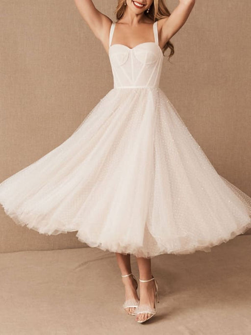 White Bridal Short Dress T-Length A-line Sweetheart Pearls Spaghetti Straps Tea Length Dress