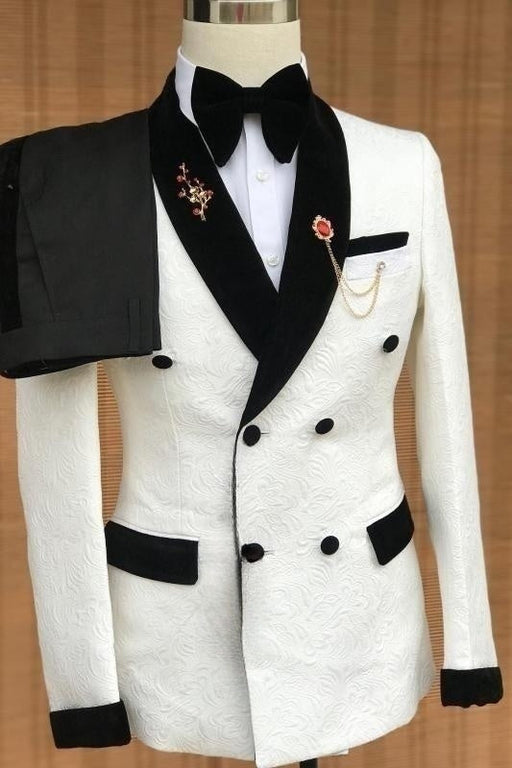 Cedric New Arrival White Jacquard Wedding Suits With Black Velvet Lapel