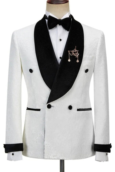 Ted fancy white jacquard double breasted wedding suits with black velvet lapel