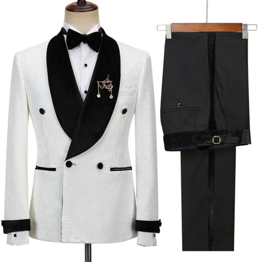 Ted fancy white jacquard double breasted wedding suits with black velvet lapel