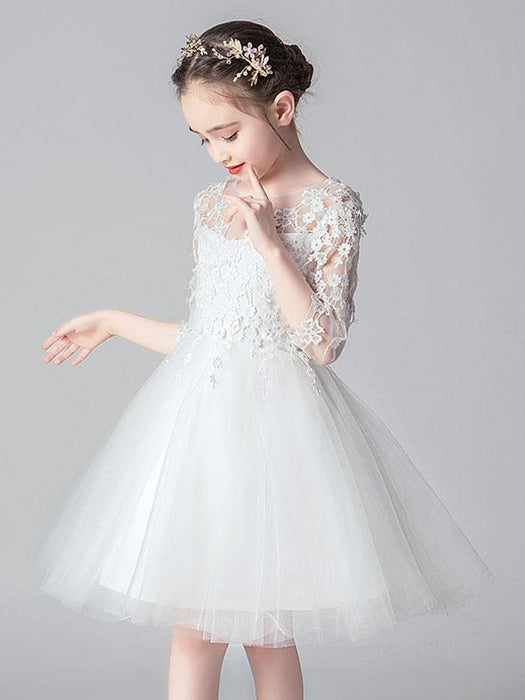 White Flower Girl Dresses Jewel Neck 3/4 Length Sleeves Cut Out Formal Kids Pageant Dresses