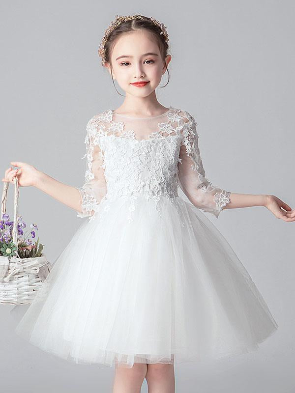 White Flower Girl Dresses Jewel Neck 3/4 Length Sleeves Cut Out Formal Kids Pageant Dresses