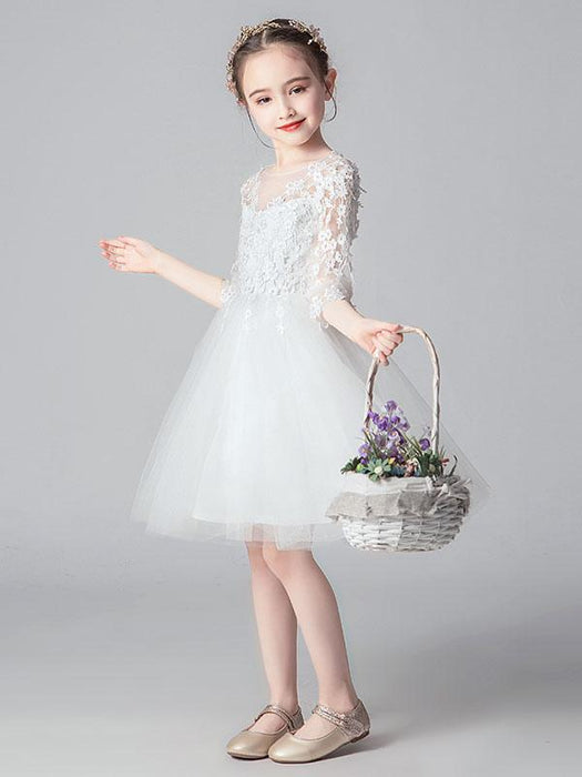 White Flower Girl Dresses Jewel Neck 3/4 Length Sleeves Cut Out Formal Kids Pageant Dresses