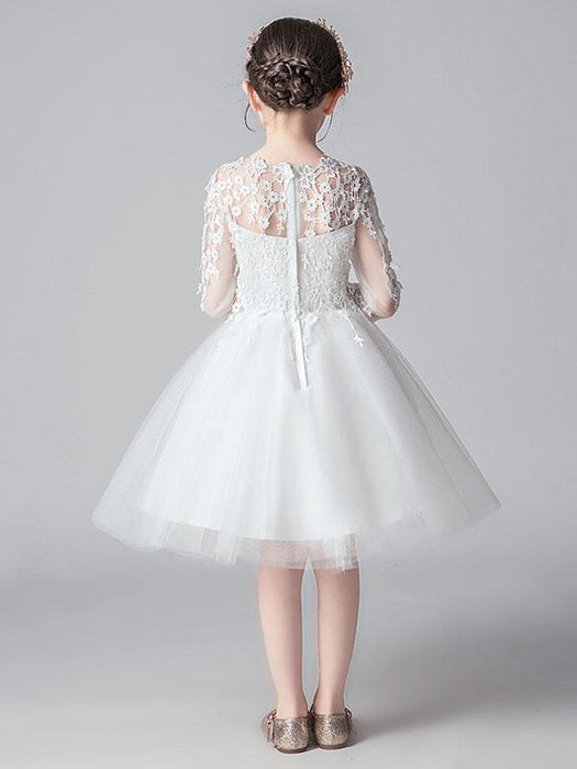 White Flower Girl Dresses Jewel Neck 3/4 Length Sleeves Cut Out Formal Kids Pageant Dresses