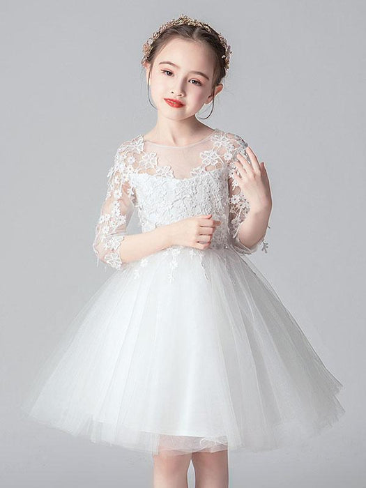 White Flower Girl Dresses Jewel Neck 3/4 Length Sleeves Cut Out Formal Kids Pageant Dresses