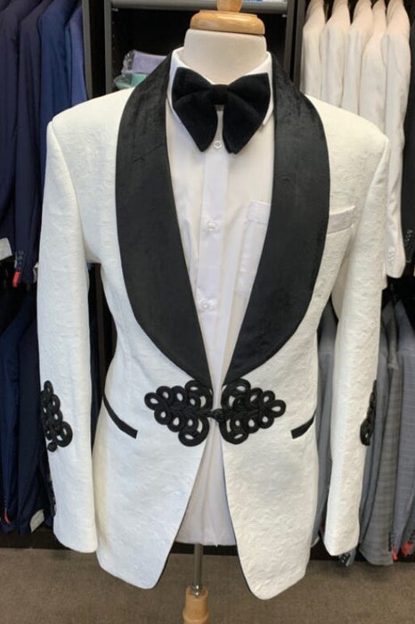 Aaron Bespoke White Jacquard Wedding Suits With Black Shawl Lapel