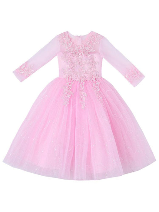 White Flower Girl Dresses Jewel Neck 3/4 Length Sleeves Tulle Polyester Cotton Flowers Formal Kids Pageant Dresses