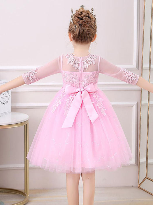 White Flower Girl Dresses Jewel Neck 3/4 Length Sleeves Tulle Polyester Cotton Flowers Formal Kids Pageant Dresses