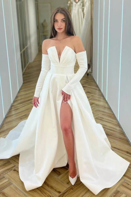 White Long Sleeve V-Neck A-Line Prom Dress with Split