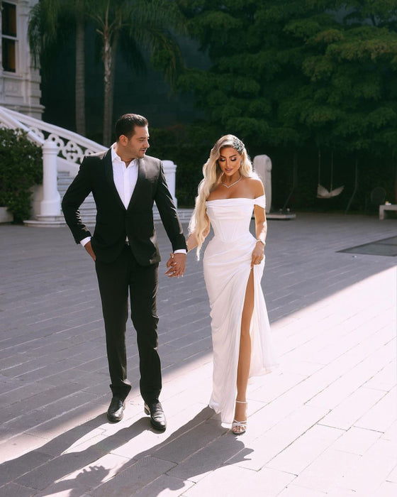 White Off-the-Shoulder Prom Dress with High Slit