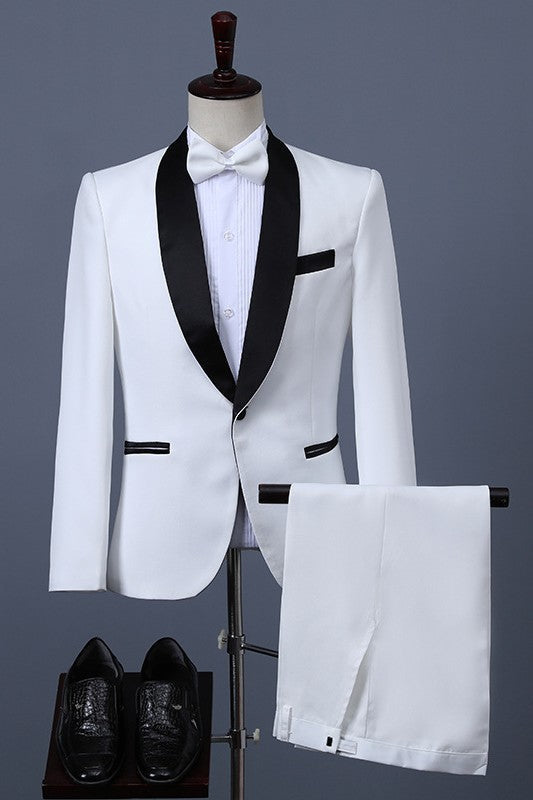 Fashion White One Button Two Pieces Prom Suits with Black Shawl Lapel