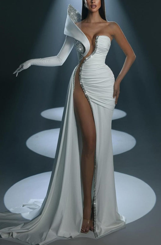 White One-Shoulder Prom Dress with Long Mermaid and High Slit