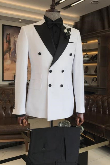 SSner Newest White Peaked Lapel Double Breasted Wedding Suits