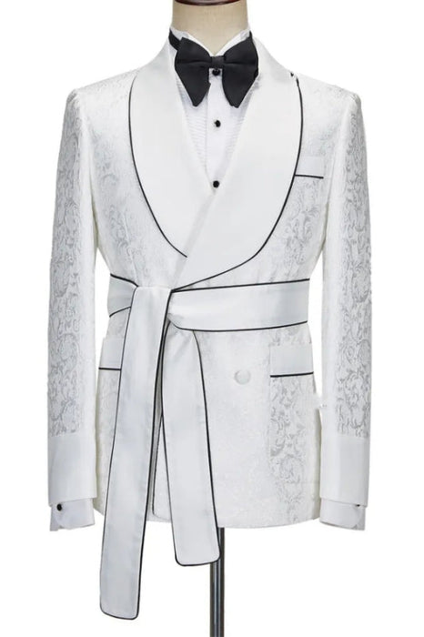 Shelton Classic White Shawl Lapel Double Breasted Jacquard Wedding Suits