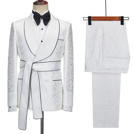 Shelton Classic White Shawl Lapel Double Breasted Jacquard Wedding Suits