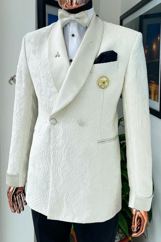 Bob Bespoke White Shawl Lapel Double Breasted Jacquard Wedding Suits