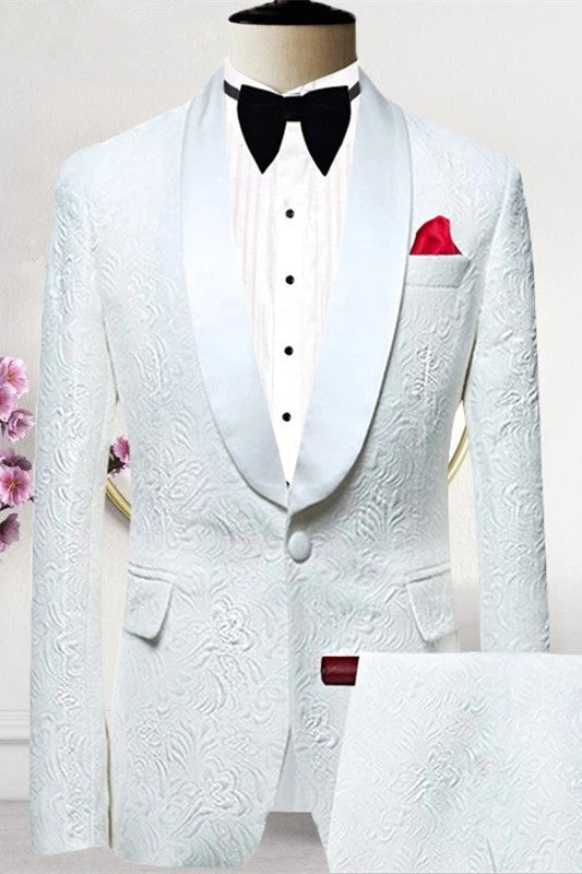 Albert Newest White Shawl Lapel Jacquard Men Suits For Wedding