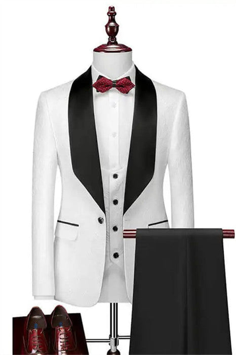 Alexander White Shawl Lapel Close Fitting Three Pieces Men Suits For Wedding