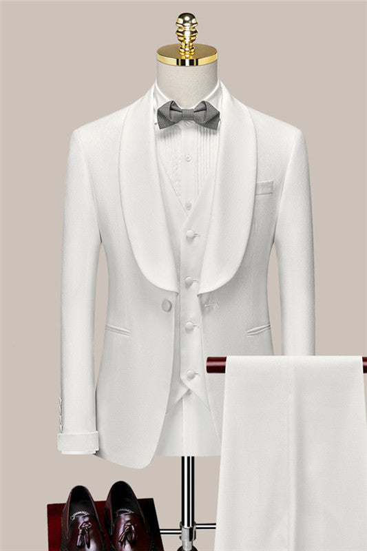 Logan White Shawl Lapel Three Pieces Close Fitting Wedding Suits