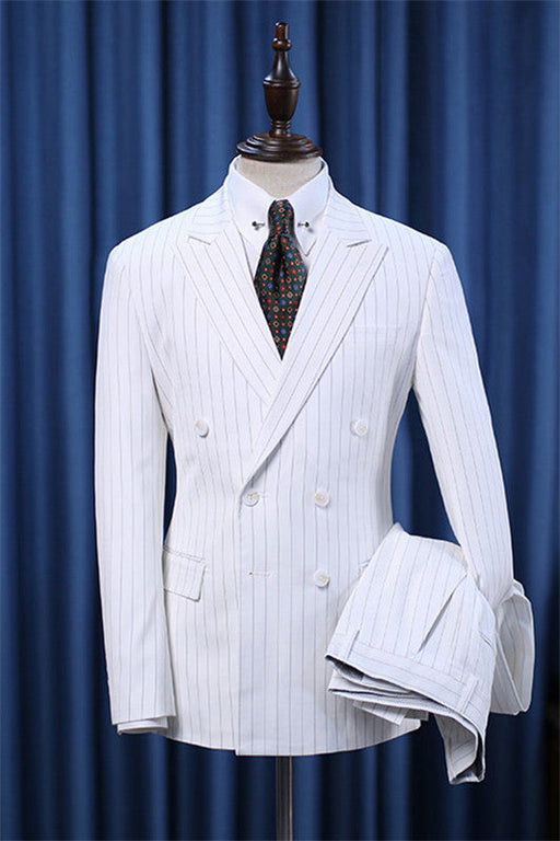 Brandon White Striped Double Breasted Peaked Lapel Men Suits